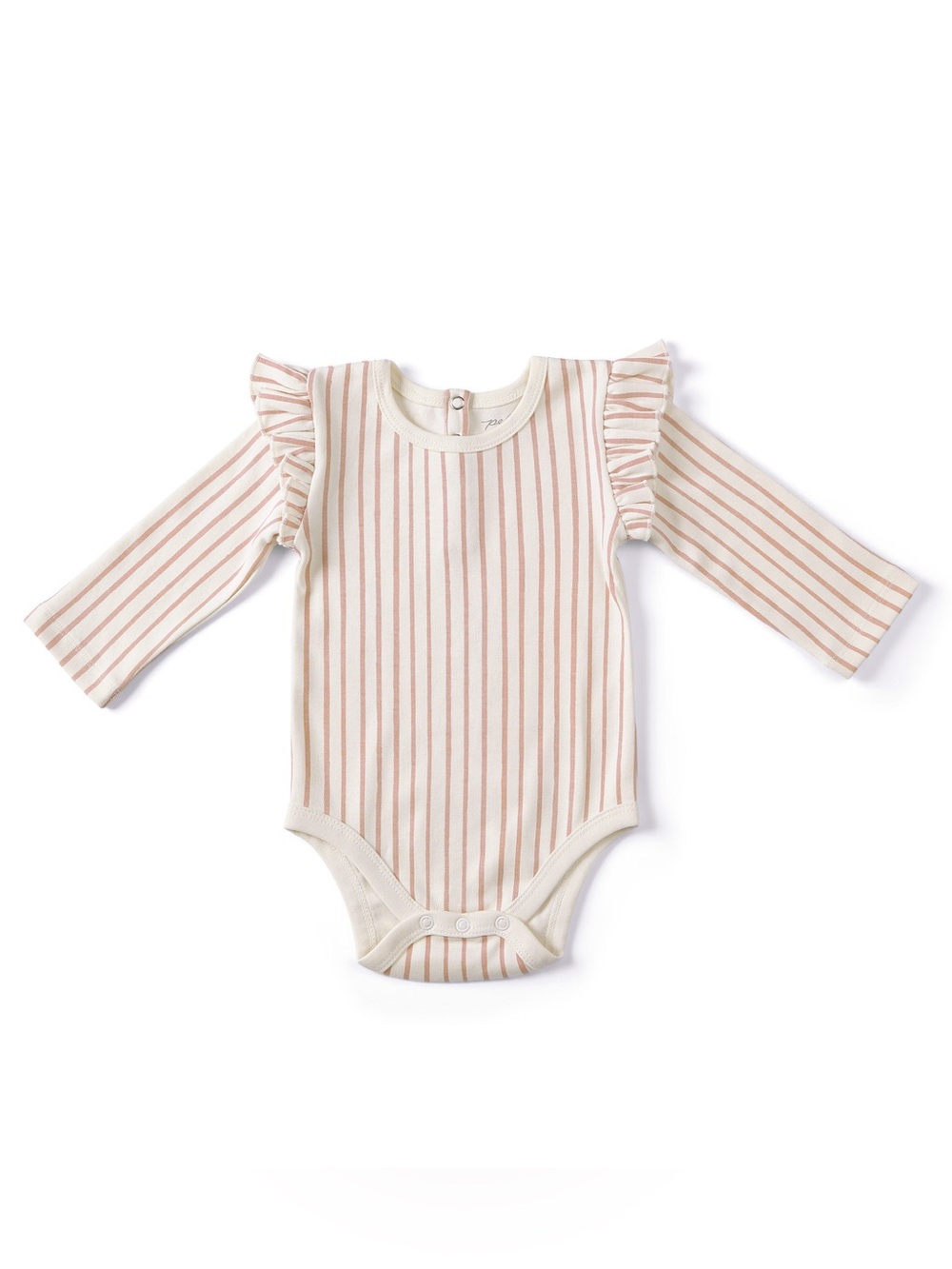 Long-Sleeve Ruffle Shoulder Baby Bodysuit - Cream & Pink Stripe
